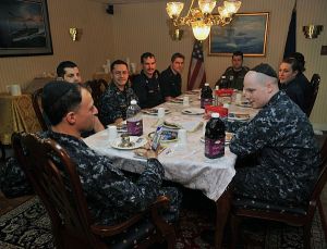 A photo of the "Pre-Pesach Seder" conducted the night before Sampson arrived aboard the USS Enterprise. (U.S. Navy photo by Mass Communication Specialist 3rd Class Nick C. Scott/Released)
